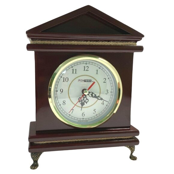 Cherry Wood Clock Mantel Desk Pomtrex Vintage Analog Footed Gold Trim 10 Inch - Picture 13 of 13